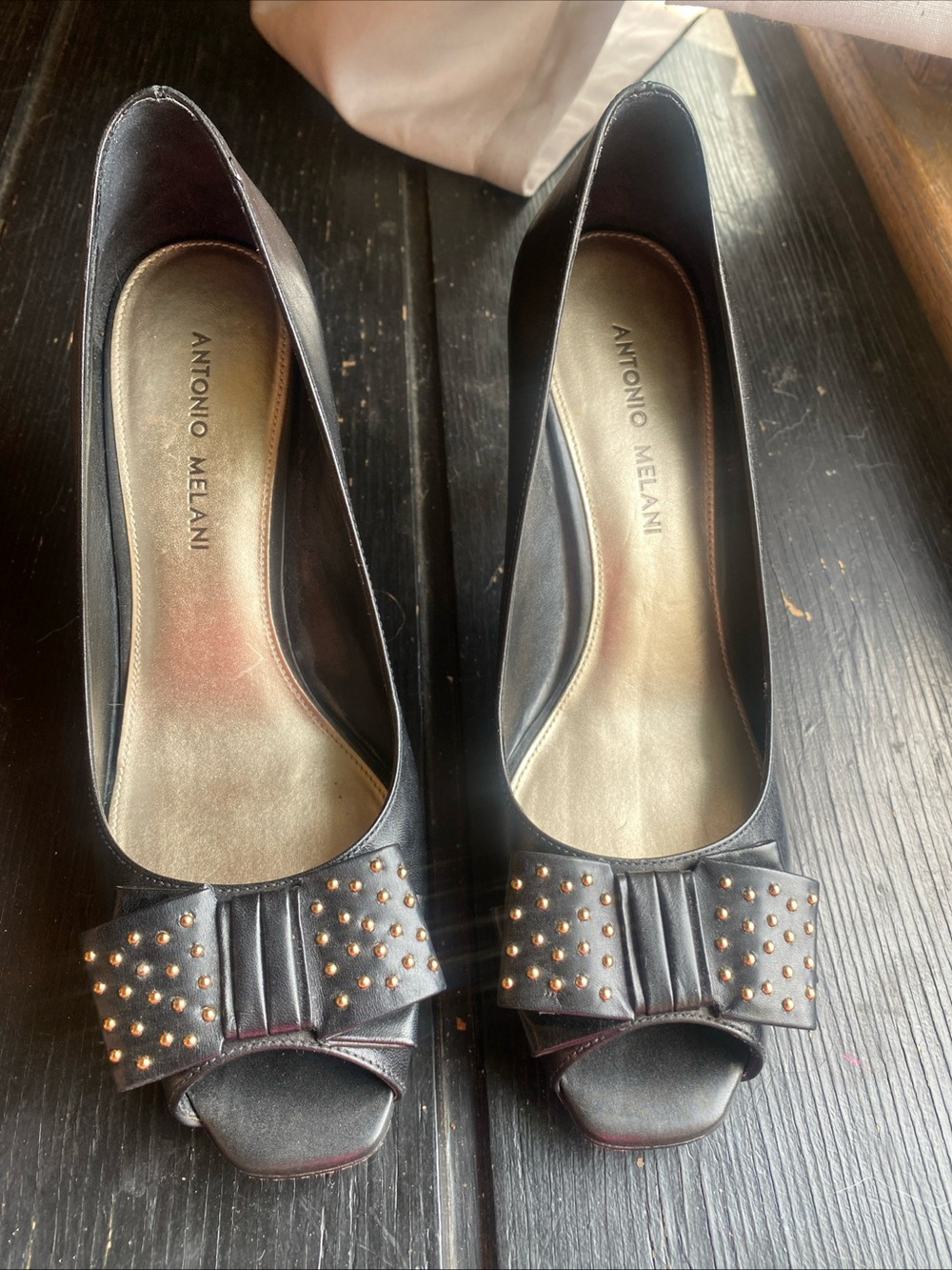 ANTONIO MELANI Black Peep-Toe Heels with Studded Bow Accent
